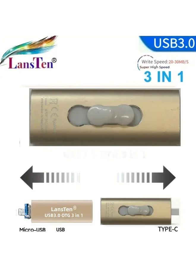 Lansten 64GB 3 في 1 فلاش درايف نوع C مايكرو USB A نقل بيانات عالي السرعة للهاتف والكمبيوتر الشخصي - Image 4